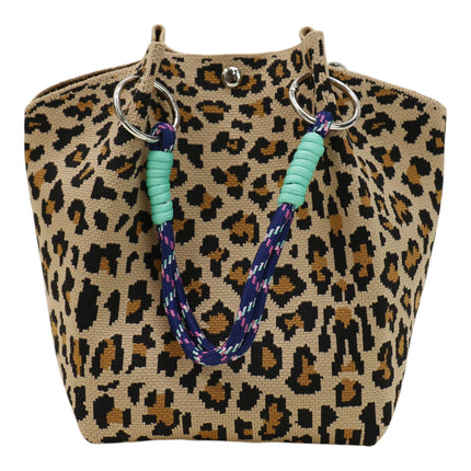 leopard Pattern Cord Strap Knitted Tote Bag JB6122-1 (12PC)