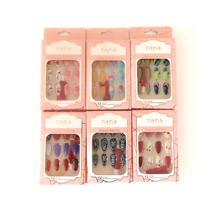 MULTI DESIGN ALMOND FAKE NAIL SET 1112-35 (12PC)