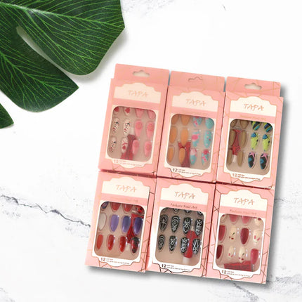 MULTI DESIGN ALMOND FAKE NAIL SET 1112-35 (12PC)