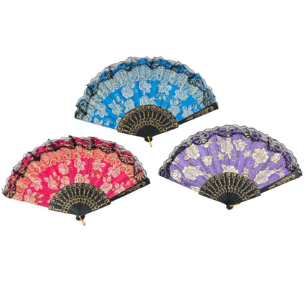Rose Gold Glitter Lace Trim Hand Held Folding Fan FN4590 (12PC)