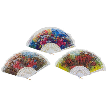 Sheer Floral White Lace Trim Hand Held Folding Fan FN3773 (12PC)
