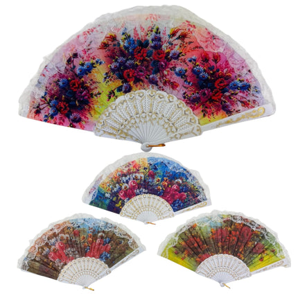 Sheer Floral White Lace Trim Hand Held Folding Fan FN3773 (12PC)