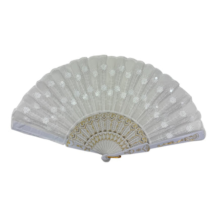 White Floral Sequin Hand Held Folding Fan FN7386(12PC)