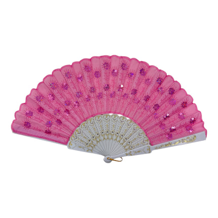 White Floral Sequin Hand Held Folding Fan FN7386(12PC)
