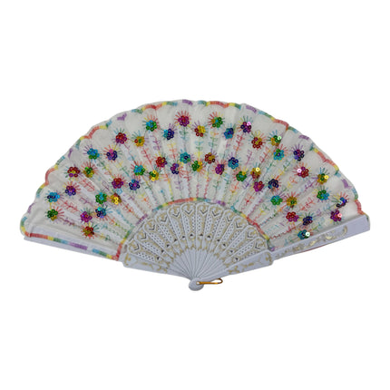 White Floral Sequin Hand Held Folding Fan FN7386(12PC)