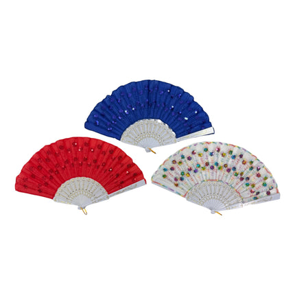 White Floral Sequin Hand Held Folding Fan FN7386(12PC)