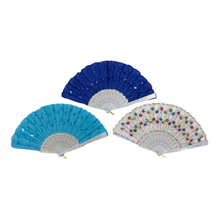 White Floral Sequin Hand Held Folding Fan FN7386(12PC)