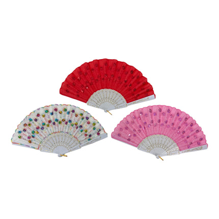 White Floral Sequin Hand Held Folding Fan FN7386(12PC)