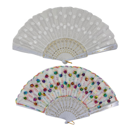 White Floral Sequin Hand Held Folding Fan FN7386(12PC)