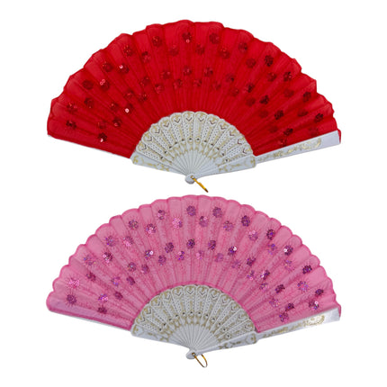 White Floral Sequin Hand Held Folding Fan FN7386(12PC)