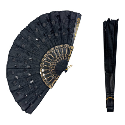 Black Sequin Hand Held Folding Fan FN8501 (12PC)