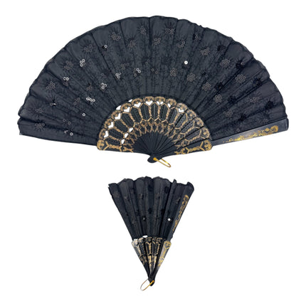Black Sequin Hand Held Folding Fan FN8501 (12PC)