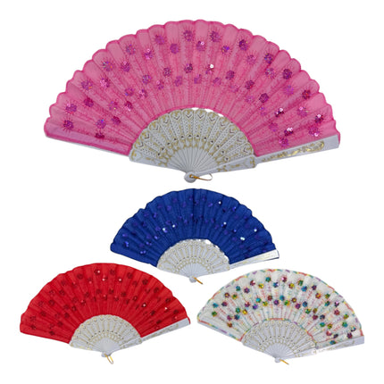 White Floral Sequin Hand Held Folding Fan FN7386(12PC)