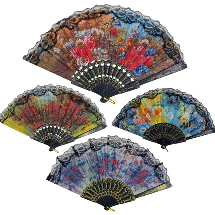Sheer Floral Black Lace Trim Hand Held Folding Fan FN3772 (12PC)