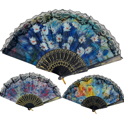Sheer Floral Black Lace Trim Hand Held Folding Fan FN3772 (12PC)