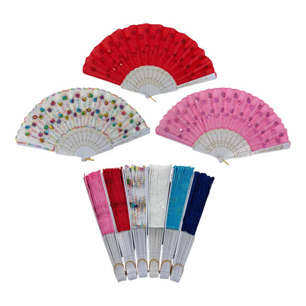 White Floral Sequin Hand Held Folding Fan FN7386(12PC)
