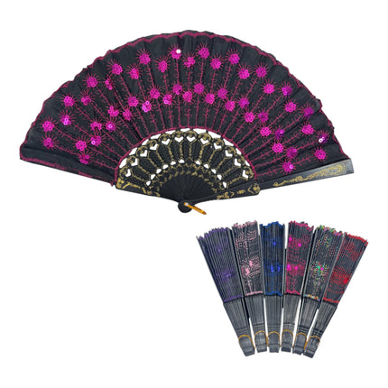 Black Floral Sequin Hand Held Folding Fan FN7387 (12PC)