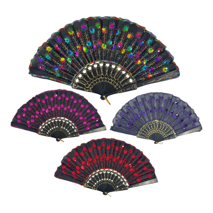 Black Floral Sequin Hand Held Folding Fan FN7387 (12PC)