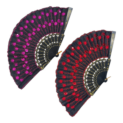 Black Floral Sequin Hand Held Folding Fan FN7387 (12PC)
