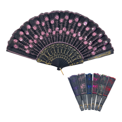 Black Floral Sequin Hand Held Folding Fan FN7387 (12PC)