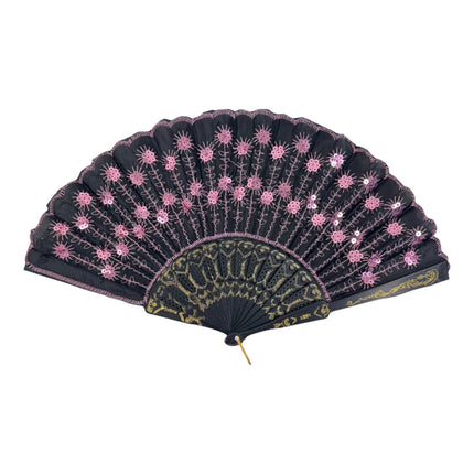 Black Floral Sequin Hand Held Folding Fan FN7387 (12PC)