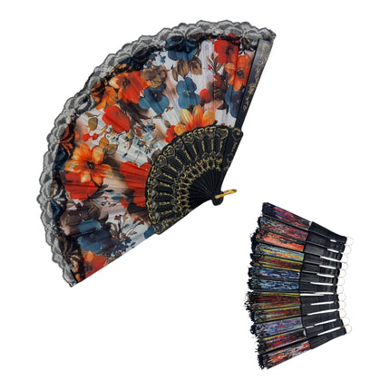 Sheer Floral Black Lace Trim Hand Held Folding Fan FN3772 (12PC)