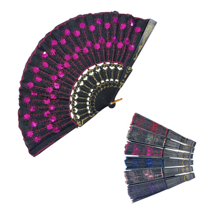 Black Floral Sequin Hand Held Folding Fan FN7387 (12PC)
