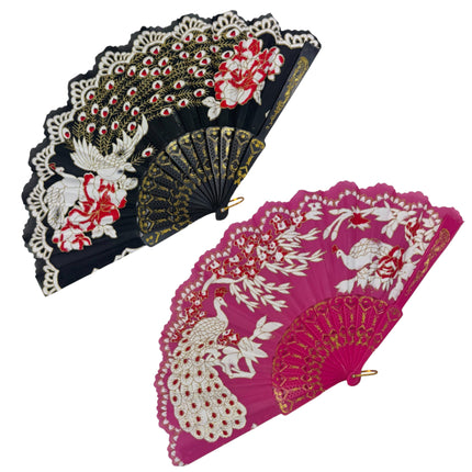 Peacock Floral Gold Glitter Hand Held Folding Fan FN9471 (12PC)