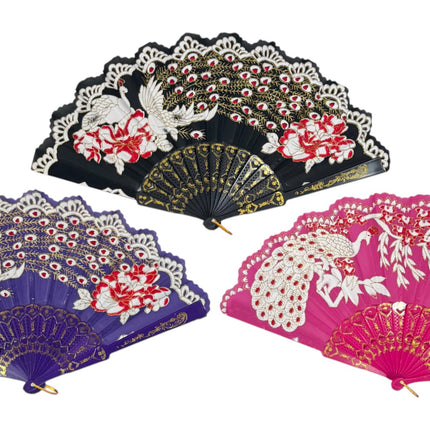 Peacock Floral Gold Glitter Hand Held Folding Fan FN9471 (12PC)