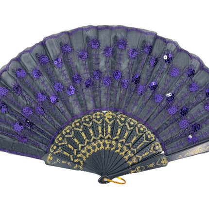 Black Floral Sequin Hand Held Folding Fan FN7387 (12PC)