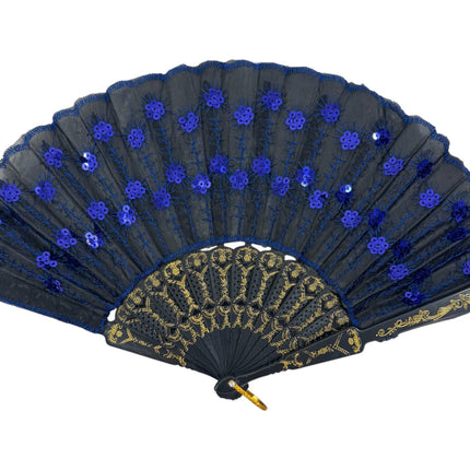 Black Floral Sequin Hand Held Folding Fan FN7387 (12PC)