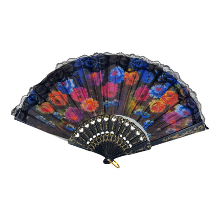 Sheer Floral Black Lace Trim Hand Held Folding Fan FN3772 (12PC)