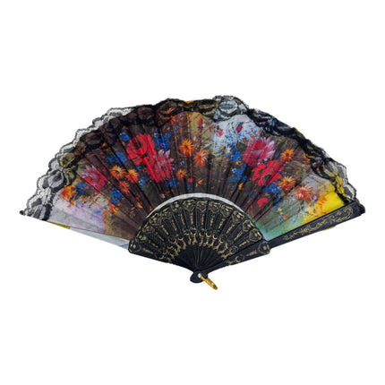 Sheer Floral Black Lace Trim Hand Held Folding Fan FN3772 (12PC)