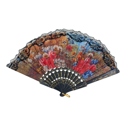 Sheer Floral Black Lace Trim Hand Held Folding Fan FN3772 (12PC)