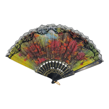 Sheer Floral Black Lace Trim Hand Held Folding Fan FN3772 (12PC)