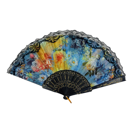 Sheer Floral Black Lace Trim Hand Held Folding Fan FN3772 (12PC)