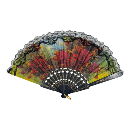 Sheer Floral Black Lace Trim Hand Held Folding Fan FN3772 (12PC)