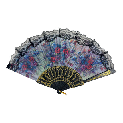 Sheer Floral Black Lace Trim Hand Held Folding Fan FN3772 (12PC)