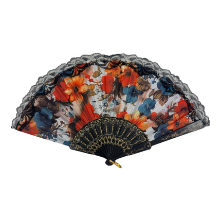 Sheer Floral Black Lace Trim Hand Held Folding Fan FN3772 (12PC)