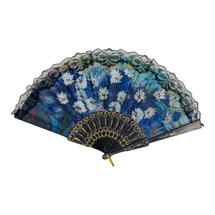 Sheer Floral Black Lace Trim Hand Held Folding Fan FN3772 (12PC)