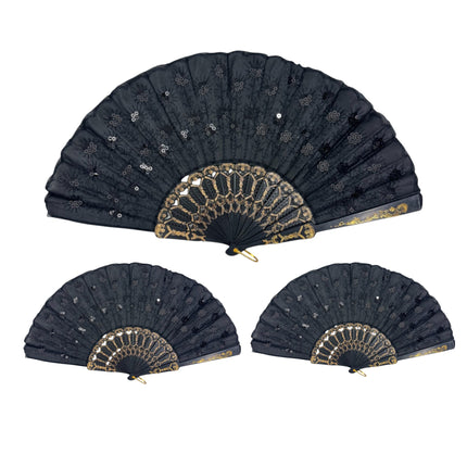 Black Sequin Hand Held Folding Fan FN8501 (12PC)