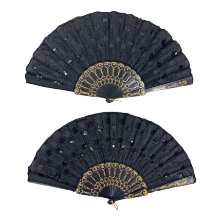 Black Sequin Hand Held Folding Fan FN8501 (12PC)