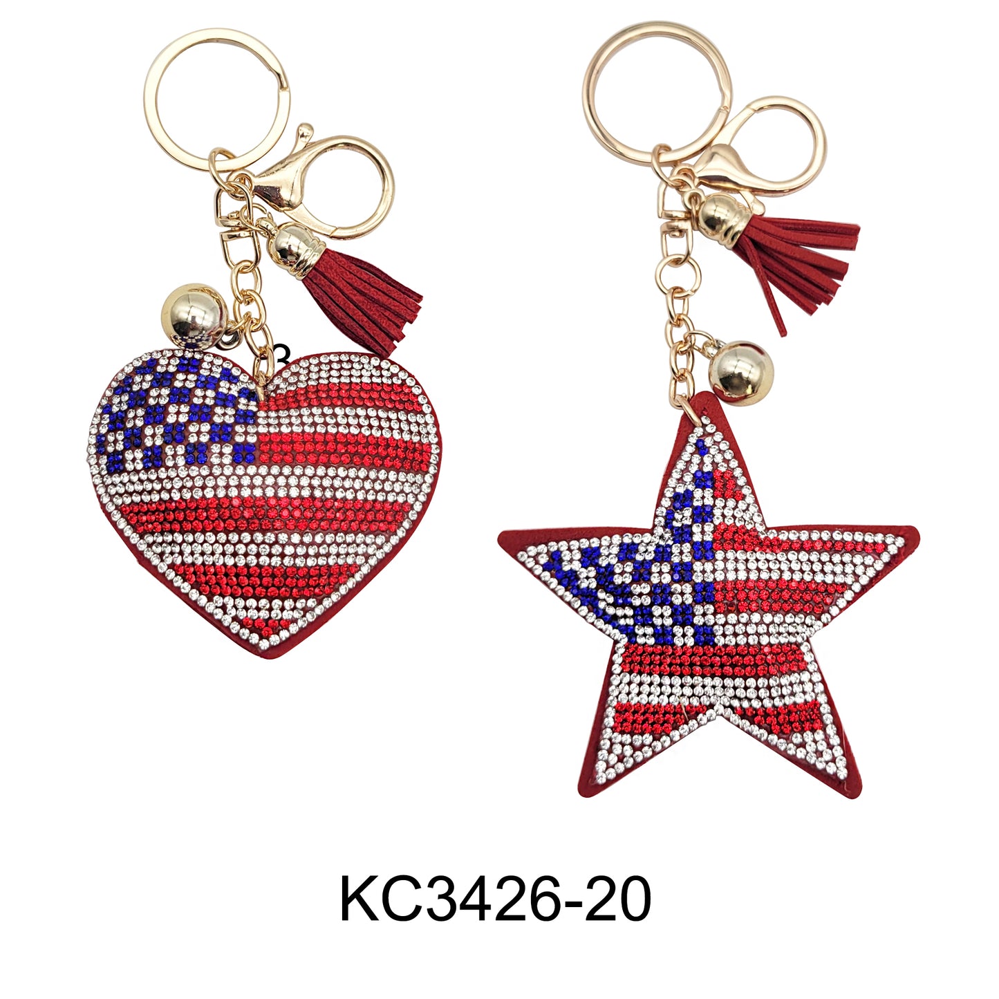 RHINESTONE AMERICA FLAG HEART N STAR KEY CHAIN 3426-20 (12PC)