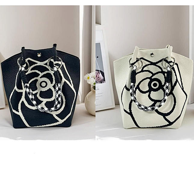 Magnolia Flower Pattern Cord Strap Knitted Tote Bag JB6122-5 (12PC)