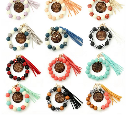 Multi Color Beaded Keychain Bracelet With Tassel JK6226-2 (12PC)
