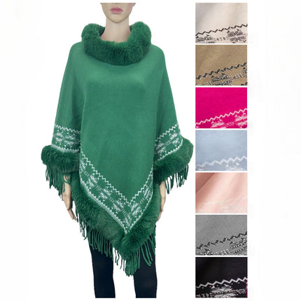 Geometric Aztec Pattern Fur Fringed Poncho P4607 (12PC)