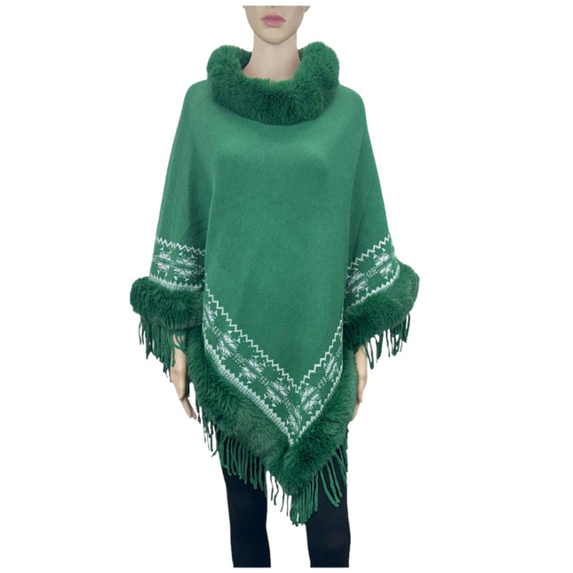 Geometric Aztec Pattern Fur Fringed Poncho P4607 (12PC)