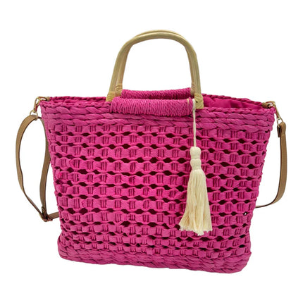 RATTAN BEACH TOTE SHOULDER BAG WITH TASSEL 4225-2 (1PC)