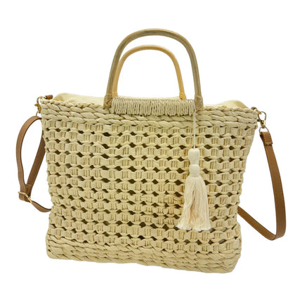 RATTAN BEACH TOTE SHOULDER BAG WITH TASSEL 4225-2 (1PC)