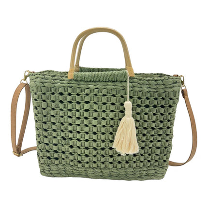 RATTAN BEACH TOTE SHOULDER BAG WITH TASSEL 4225-2 (1PC)